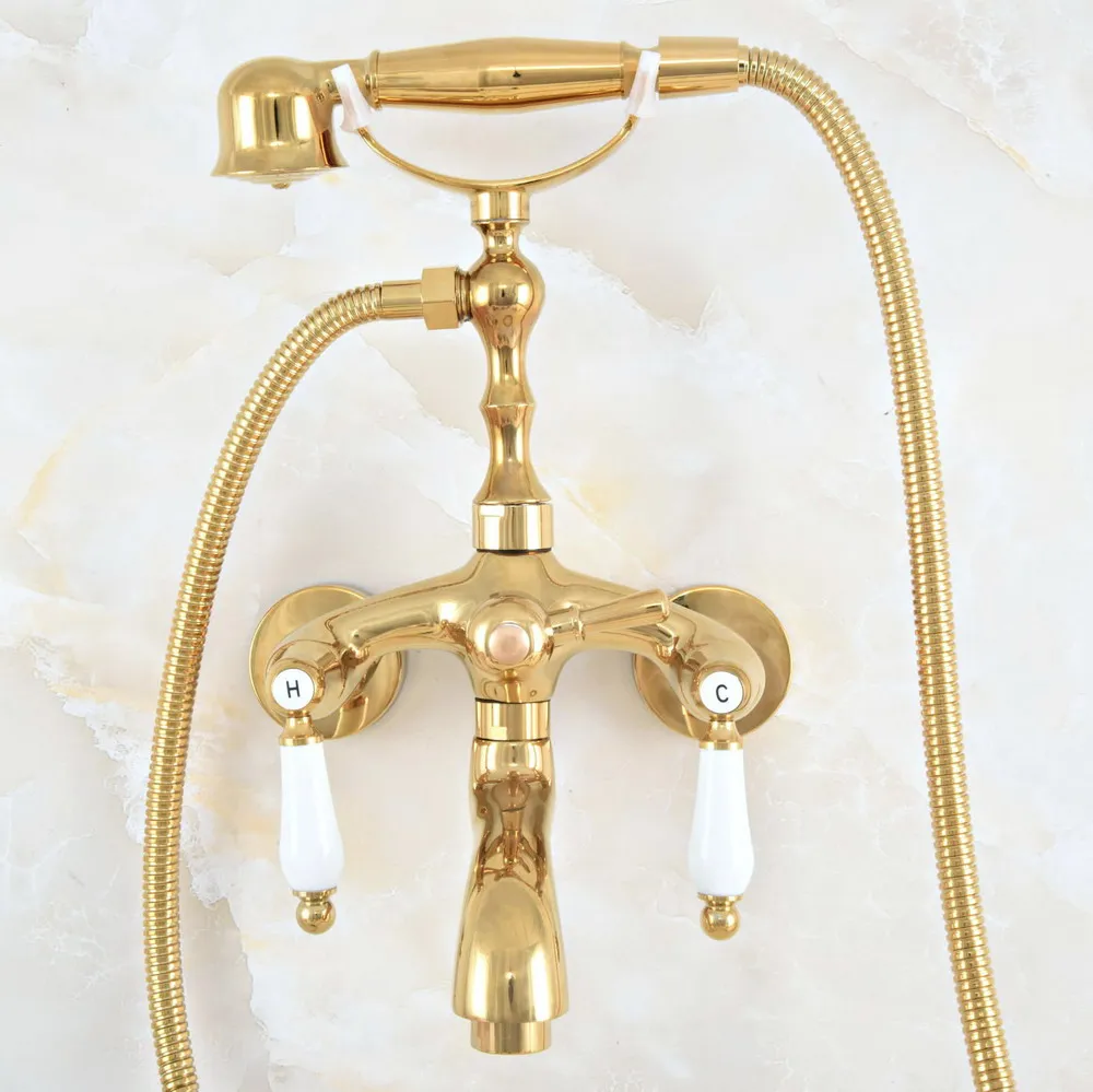 

Luxury Polished Gold Color Brass Bathroom Wall Mounted Clawfoot Tub Faucet Taps Set With Hand Held Shower Head Spray mna811