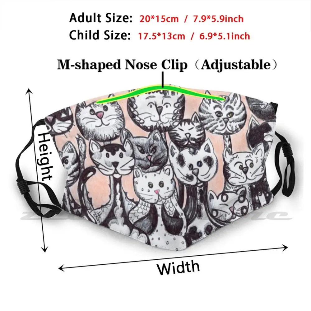 “the Kitty Brigade” Black And White Family Of Cats Drawing Mask Cloth Washable DIY Filter Pm2.5 Adult Kids Kitty Brigade Black