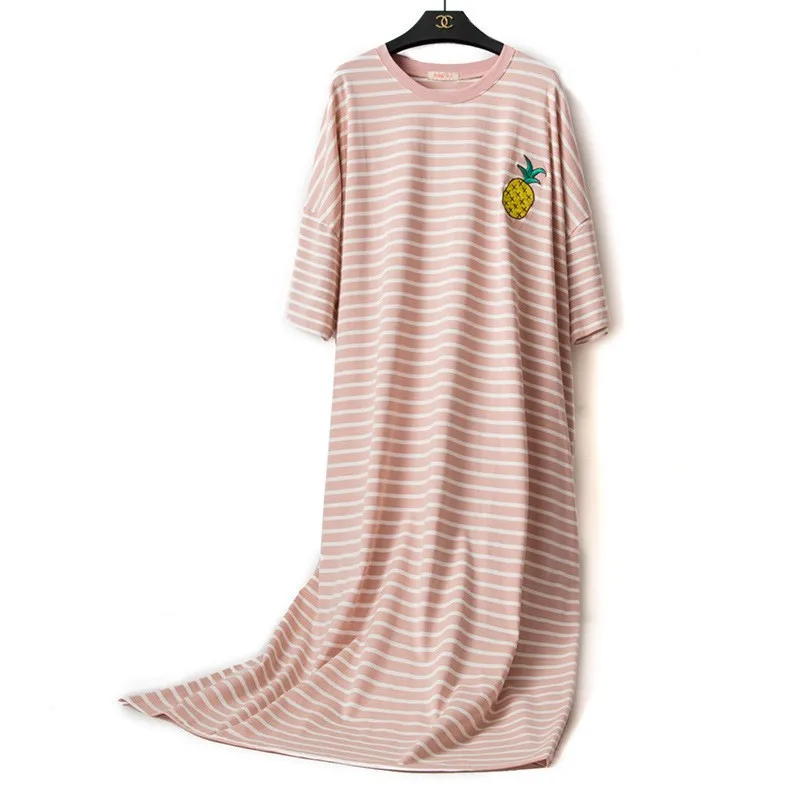 Cotton Striped Nightgown M-6XL Women Short Sleeve Homewear Nightdress Casual Lounge Home Gown Summer New Long Sleepwear Big Size