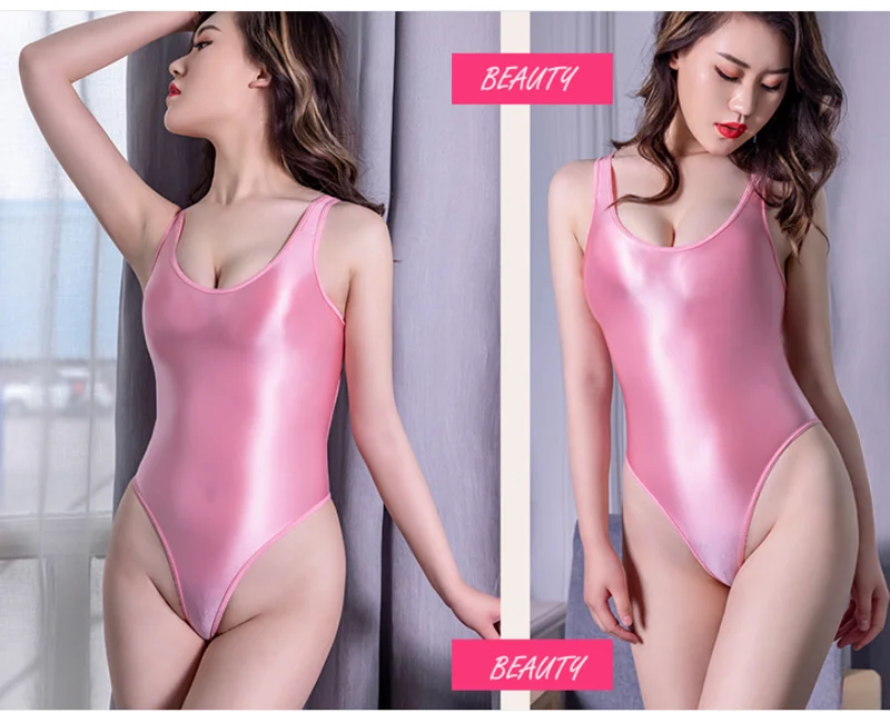 Sexy Women Shiny Satin Leotards High Cut One Piece Swimsuit Oily Transparent Bathing Suits Female Bathing pink bathing suit