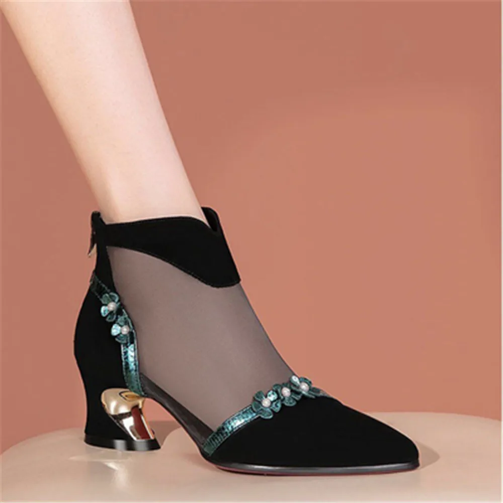 2024 New Women Mesh Breathable Sandals Ankle Boots For Summer Fashion Mid Heel Pointed Toe Shoes Hollow Out Back Zip Black 35-40