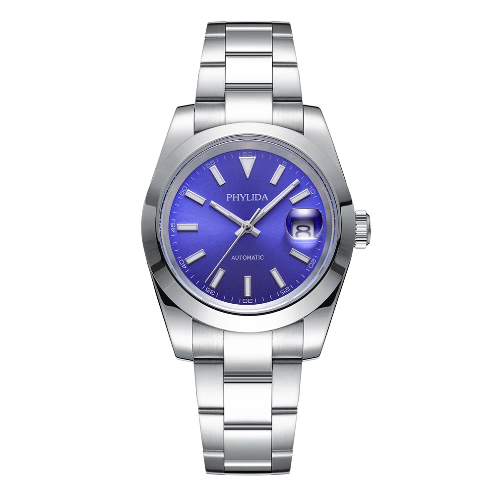 PHYLIDA 39mm Three-Hand with Date Blue Dial Mens Watch 100M WR Miyota Mechanical Automatic Movement