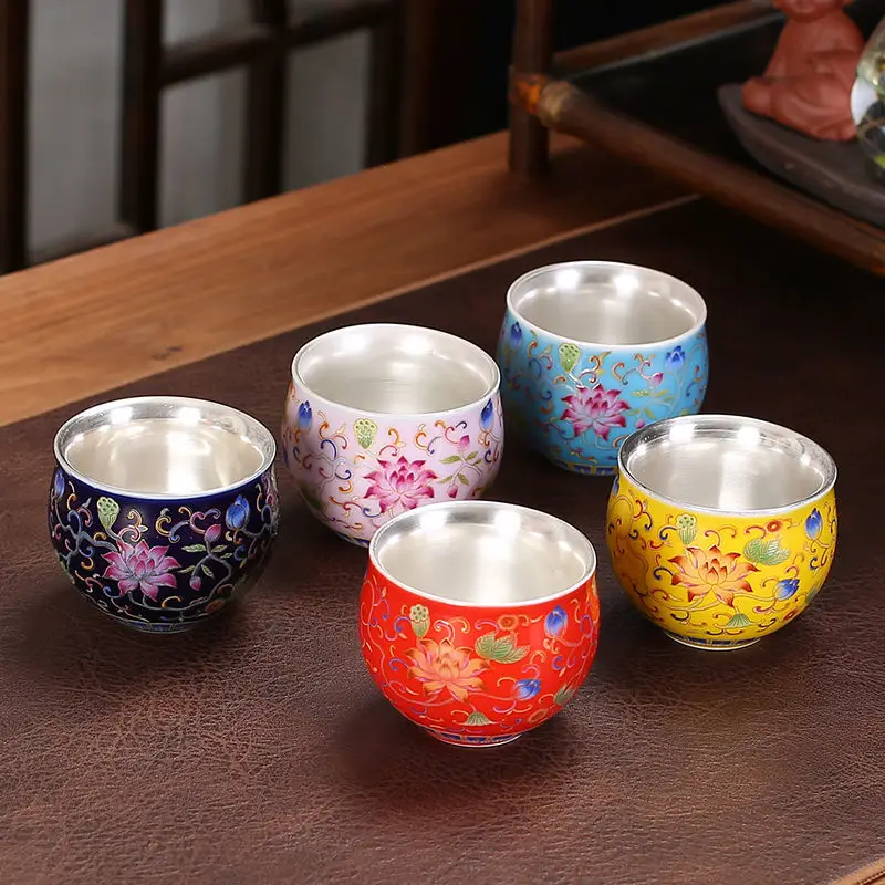 Gilt Silver Tea Cup 999 Silver Tea Cup Master Cup Ceramic Cup Tea Cup Household Kung Fu Single Cup Water Cup Wine Cup Tea Set