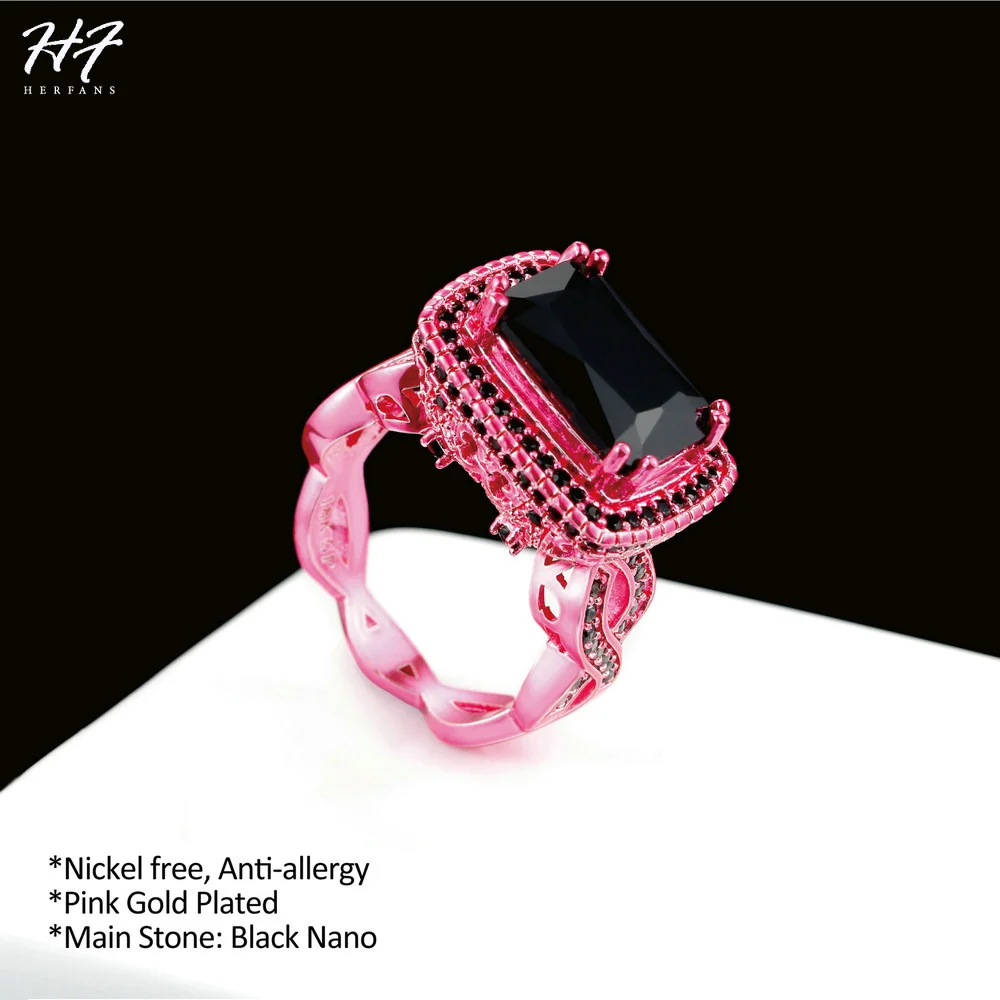 New Luxury Fashion Square Black Cubic Zirconia Pink Gold Color Ring Cocktail Rings For Women Punk Hippie Fashion Jewelry DD041