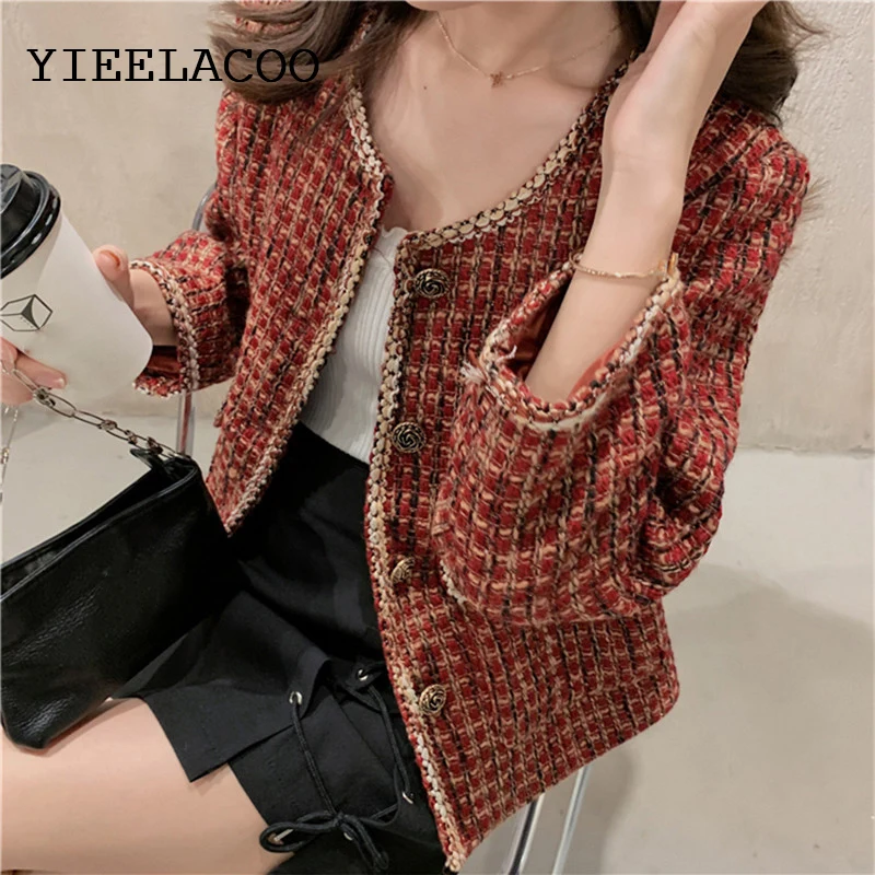 

Red tweed jacket female spring /autumn / winter jacket temperament single-breasted coat perfume 3/4 sleeve women's jacket