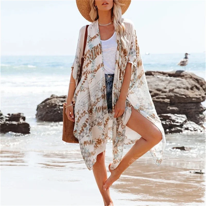 2021 Bohemian Gedruckt V-ausschnitt Halbe Hülse Strand Tragen Kimono Strickjacke Tunika Frauen Tops Blusen Shirts Bikini Cover Up