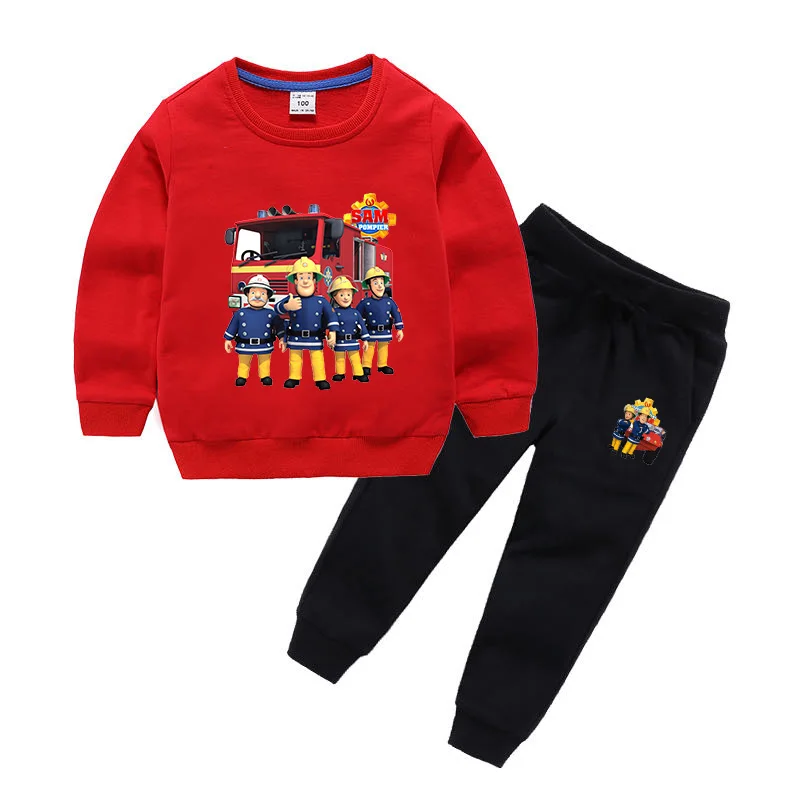 Conjuntos de sudaderas de primavera para niño, ropa con estampado de Sam de bombero de dibujos animados, Tops azules, pantalones de algodón de manga larga, ropa para niños pequeños