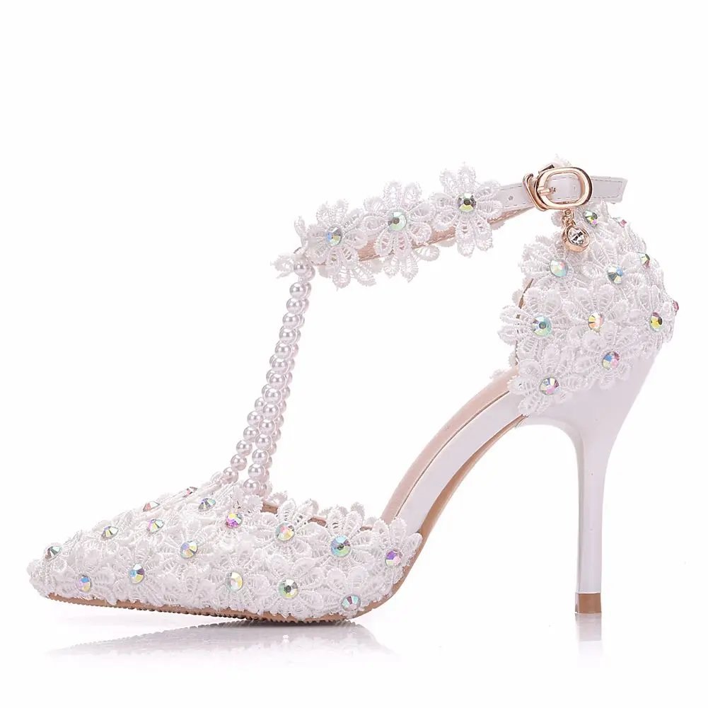 Crystal Queen White Rhinestone Lace Tassels Bead Bridal High Heels Women Dress Shoes Party Wedding Shoes