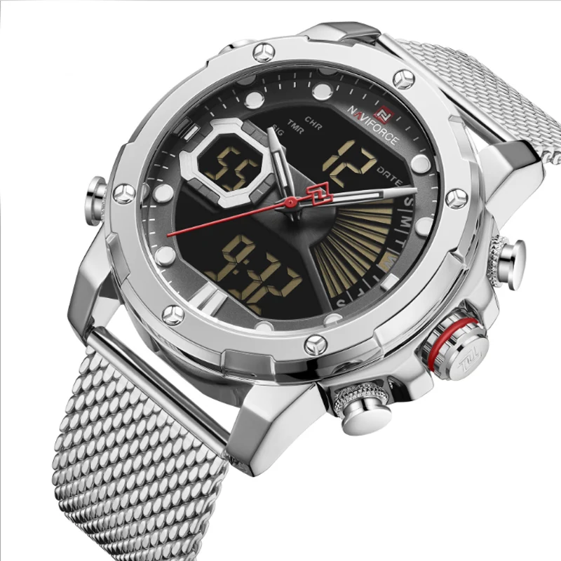 Men's Double Display Mesh Watch Waterproof Luminous Large Dial Student Calendar Sports Multi-Functional Electronic Men's Watch