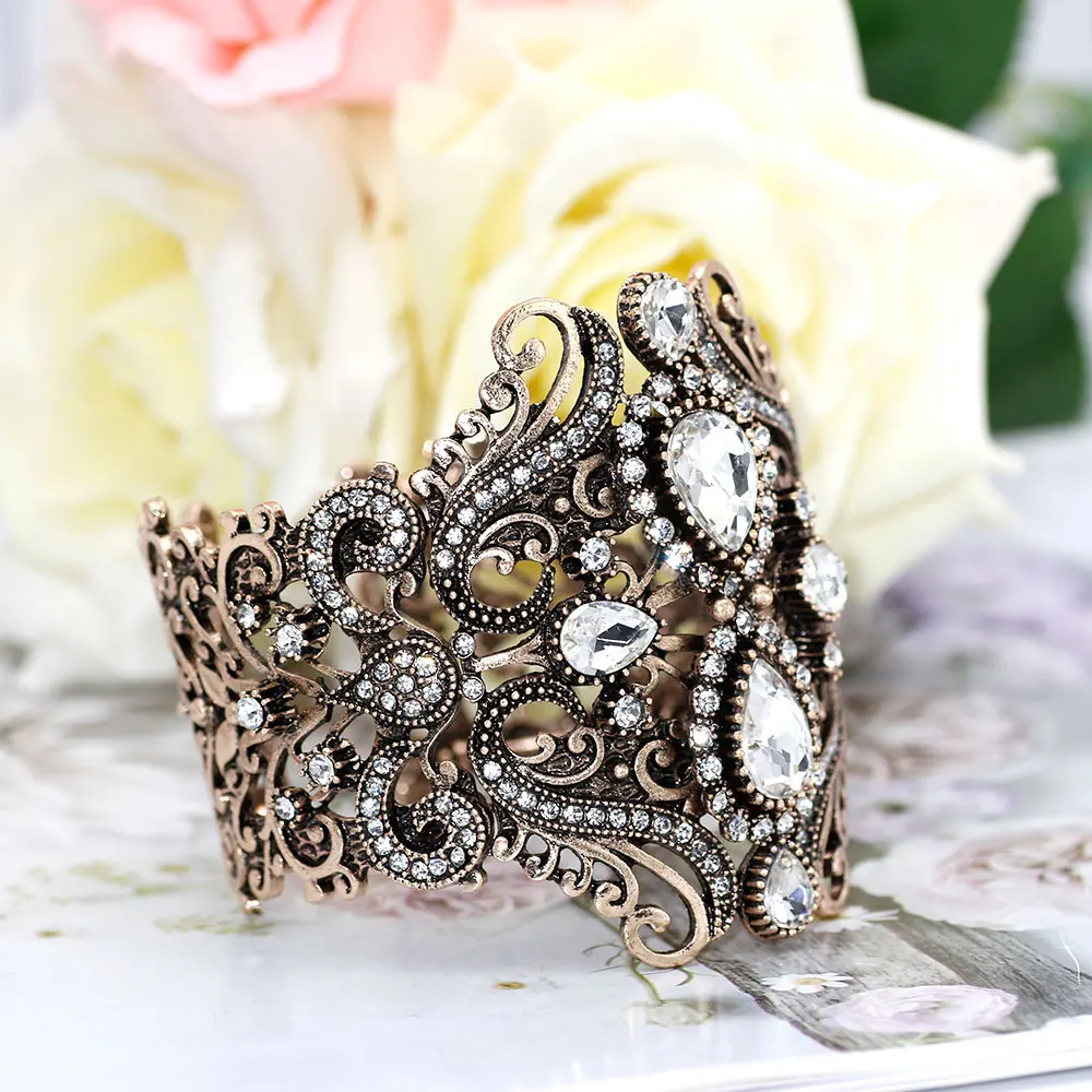 Sunspicems Retro Vintage Arabic Flower Cuff Bracelet For Women Big Crystal Bangle Leisure Jewelry Turkish Women Wedding Jewelry