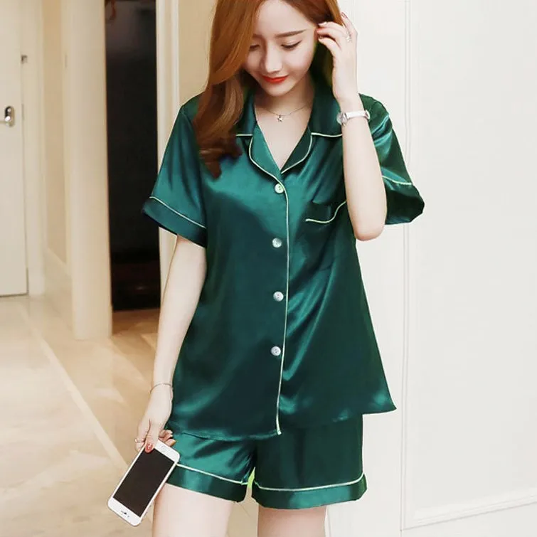 100% Mulberry Silk 22 momme Thick Women\'s Solid Colors Short sleeve Top with Shorts Pajama Set Sleepwear S M L XL 2XL LS100