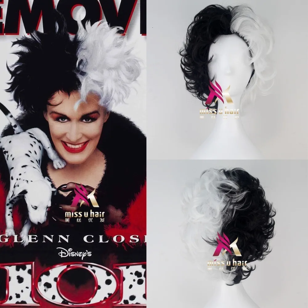 

New Black And White Fluffy Short Layered Synthetic Wigs 101 Dalmatians Cruella Devil Cosplay Costume Wig +wig cap