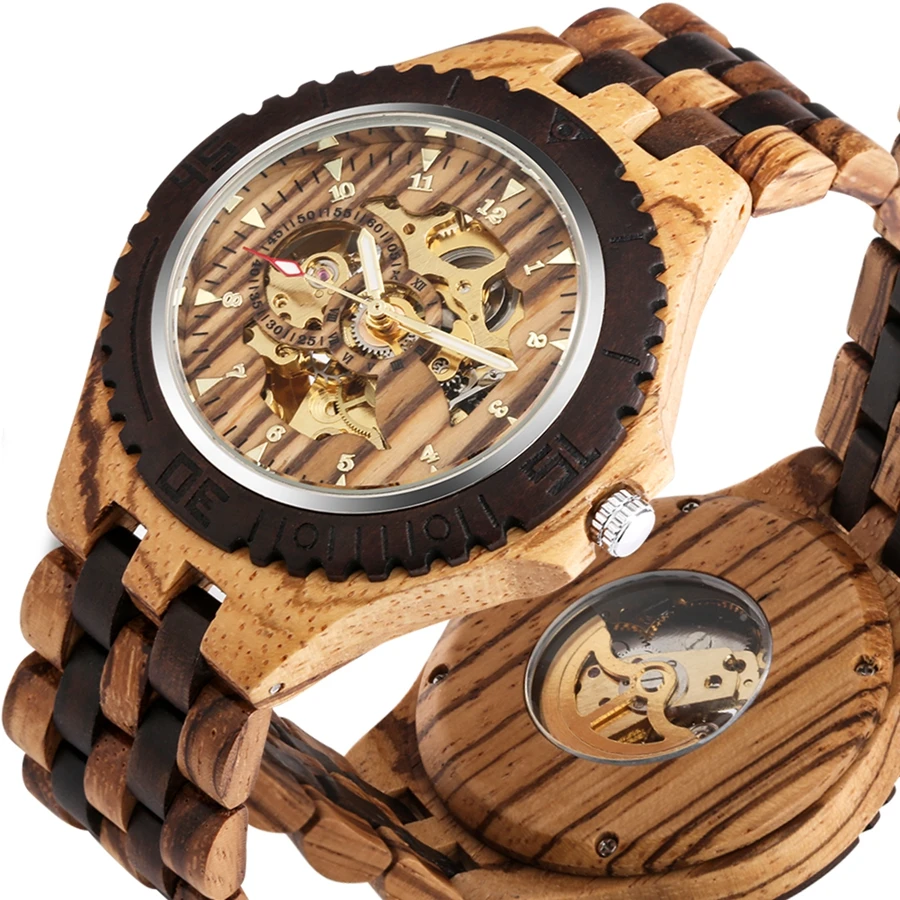 Men Mechanical Retro Ebony Wooden Automatic Watch for Men Golden Skeleton Arabic Numerals Adjustable Wooden Band Wristwatches