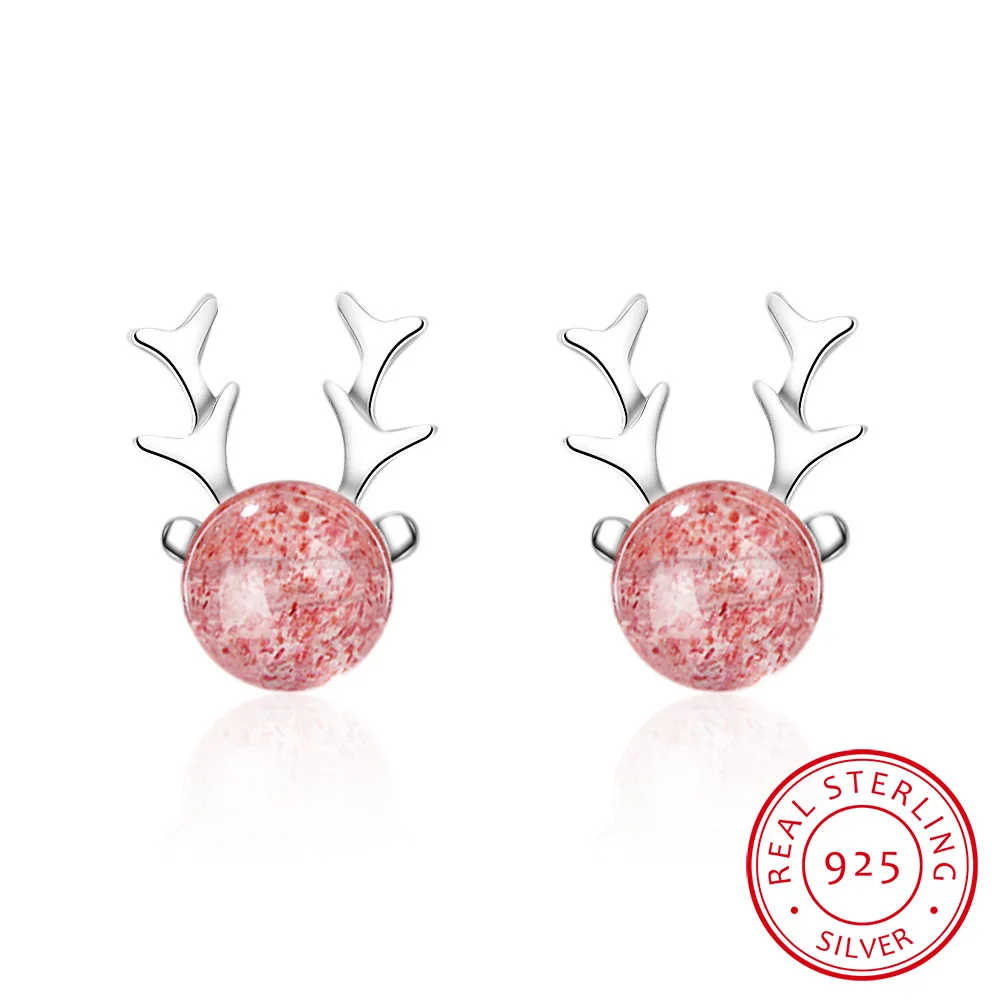 

925 Sterling Silver Sweet Cute Pink Deer Small Stud Earrings For Women Personality Strawberry Crystal Animal Present