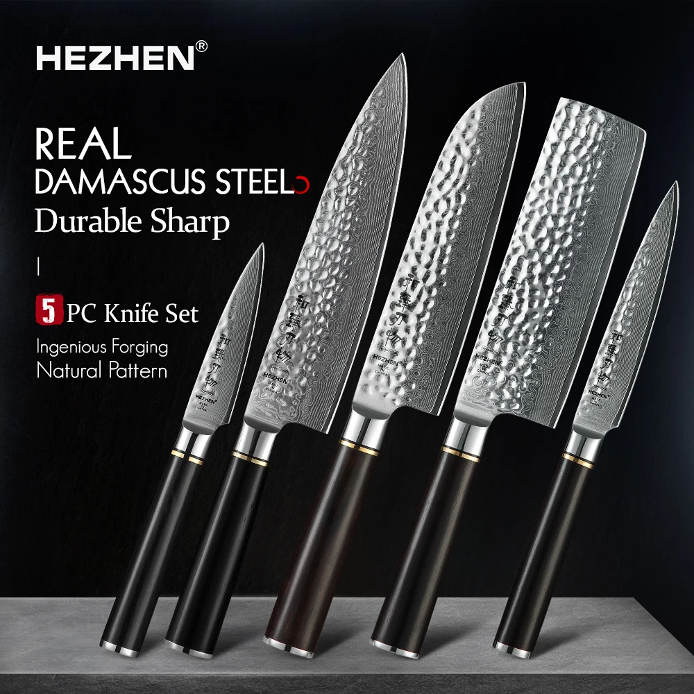 HEZHEN 1-5 PCS Kitchen Chef Knife Sets Damascus Steel Stainless Steel Chef Nakiri Santoku Utility Paring Cook Tools Ebony Handle