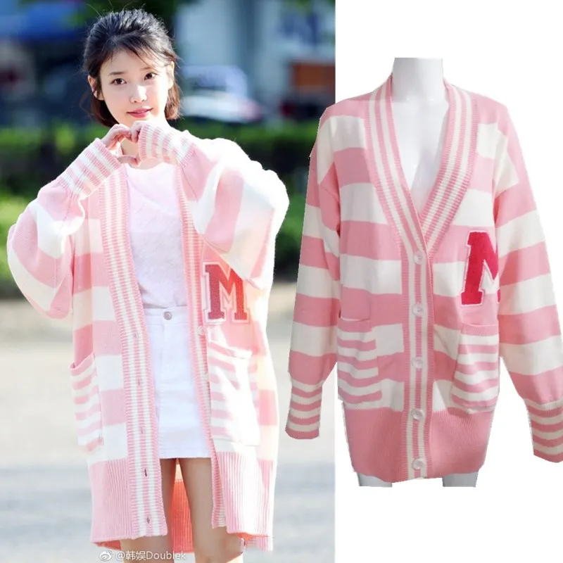 

kpop IU Lee Ji Eun the same Pink long sweater coat female knitted cardigan sweater women Korean winter warm sweet V-neck sweater