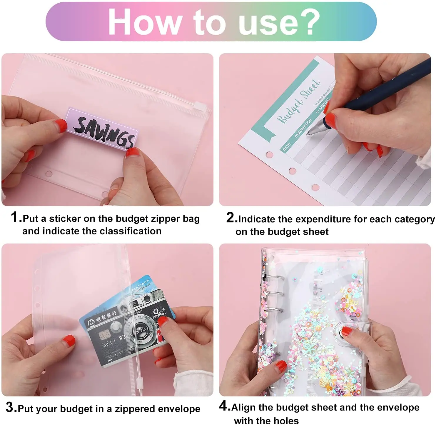 28 Pcs A6 Binder Budget Envelopes PVC Shell Sequins Notebook Cover, with Zipper Pockets,Budget Sheet,Color Stickers,Scale Ruler