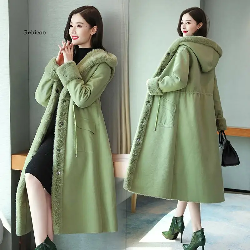 Fur Coat Women Fur Collar Hooded Lambskin Lambswool Winter Thick Warm Long Loose Plus Velvet Fake Fur Coat Women