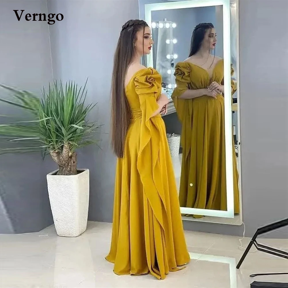 Verngo Gaun Prom Panjang Chiffon Wanita Arab Saudi Gaun Malam Panjang Lengan Panjang Puff Leher V Gaun Formal Ukuran Plus