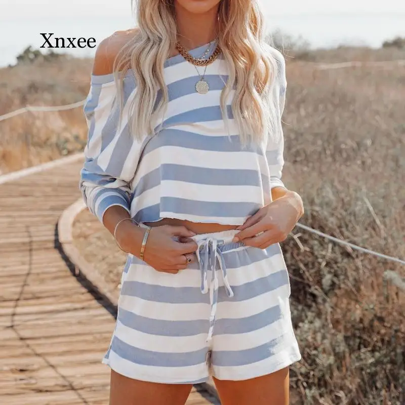 2021 Summer Women's Casual Two-Piece Striped Elegant Top + Slim Shorts Set Fashion Sexy Women's Set