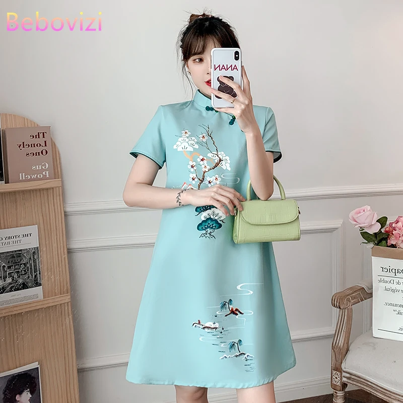 Plus Size M-4XL 2021 New Blue Loose Fashion Modern Cheongsam Dress Women Short Sleeve Qipao Traditional Chinese Style Clothes