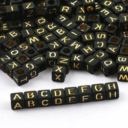 100pcs 6mm Black Gold Color Square Letter Beads Random Mixed Alphabet Acrylic Loose Beads For DIY Jewelry Making Crafts