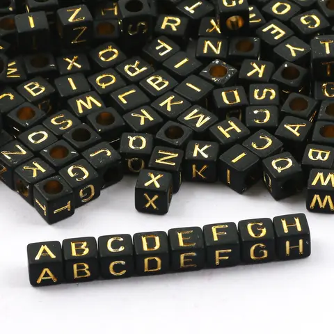 100pcs 6mm Black Gold Color Square Letter Beads Random Mixed Alphabet Acrylic Loose Beads For DIY Jewelry Making Crafts