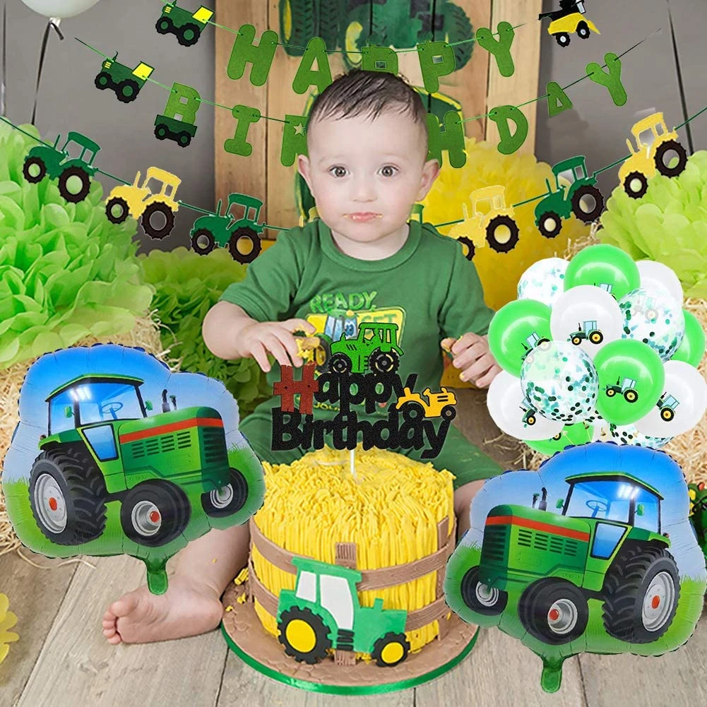 Kit Décoration Anniversaire Tracteur - 5 Ans Garçon - Guirlande, Bannière, Ballons, Décorations Gâteau - Thème Ferme Et Véhicules