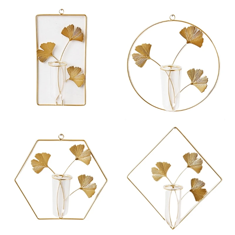 Creative Wall Hanging Plants Vase with Metal Ginkgo Leaf Frame Stand Geometric Glass Test Tube Hydroponic Planters Terrarium