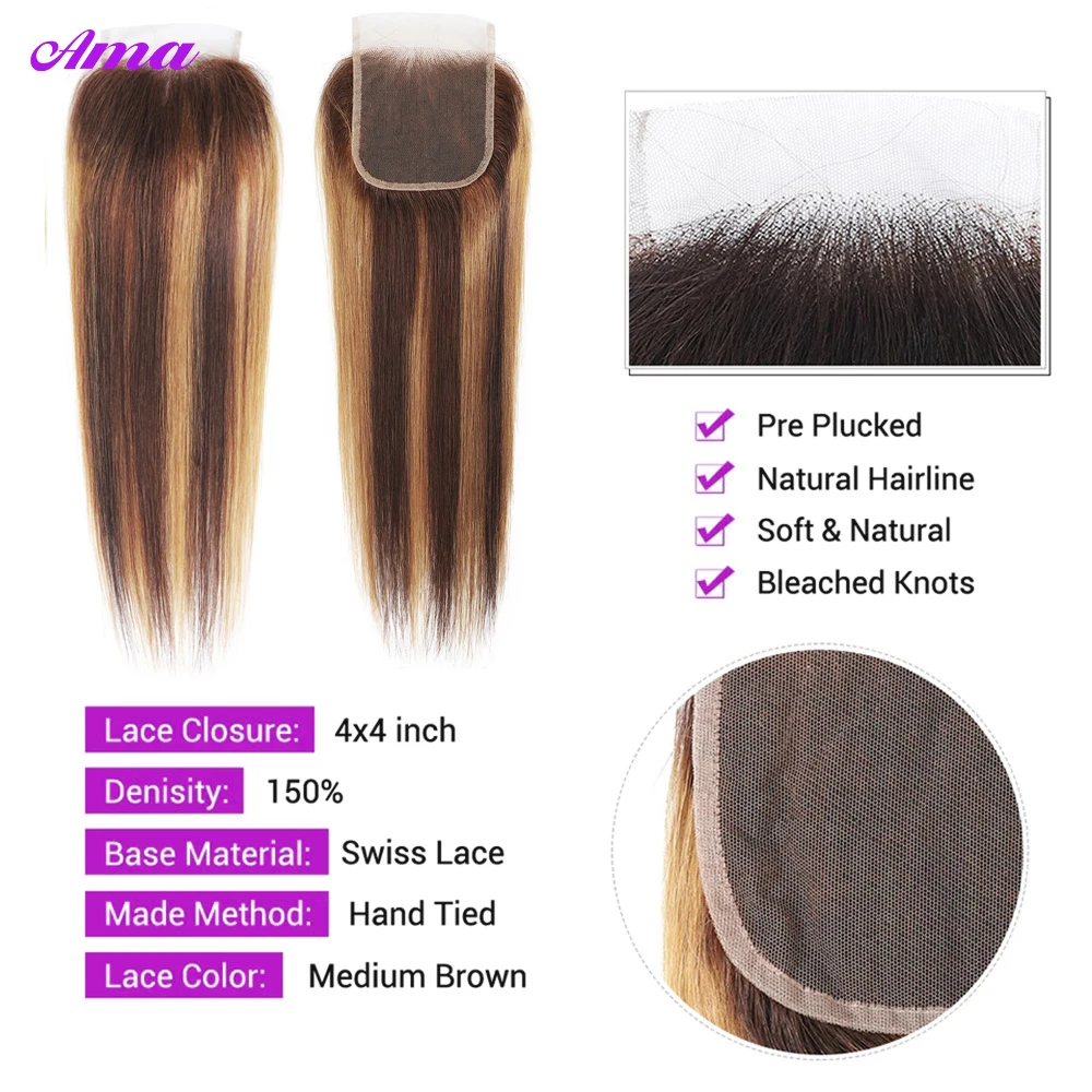 P4 27 Highlight Bundles With Closure Bone Straight Bundles With Closure 4x4 Inch Brown Human Hair Bundles With Closure Free Part