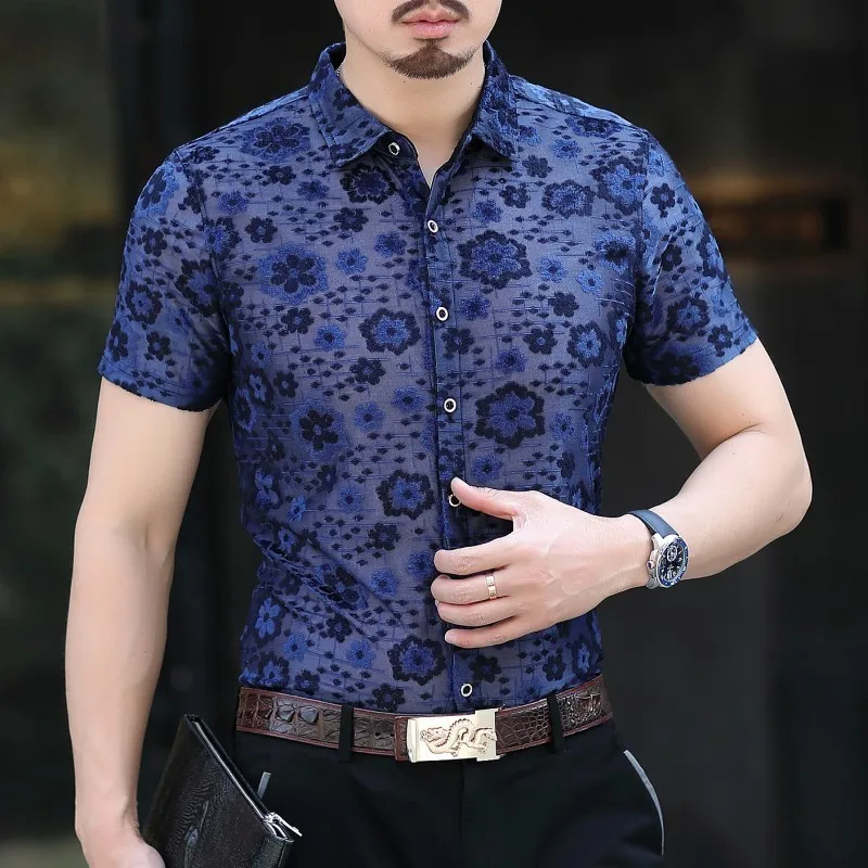 Shirt Fashion Floral Transparent Short Sleeve Camisa Hombre Streetwear Velvet Shirt Camicia Uomo Camisa Social Man Shirt