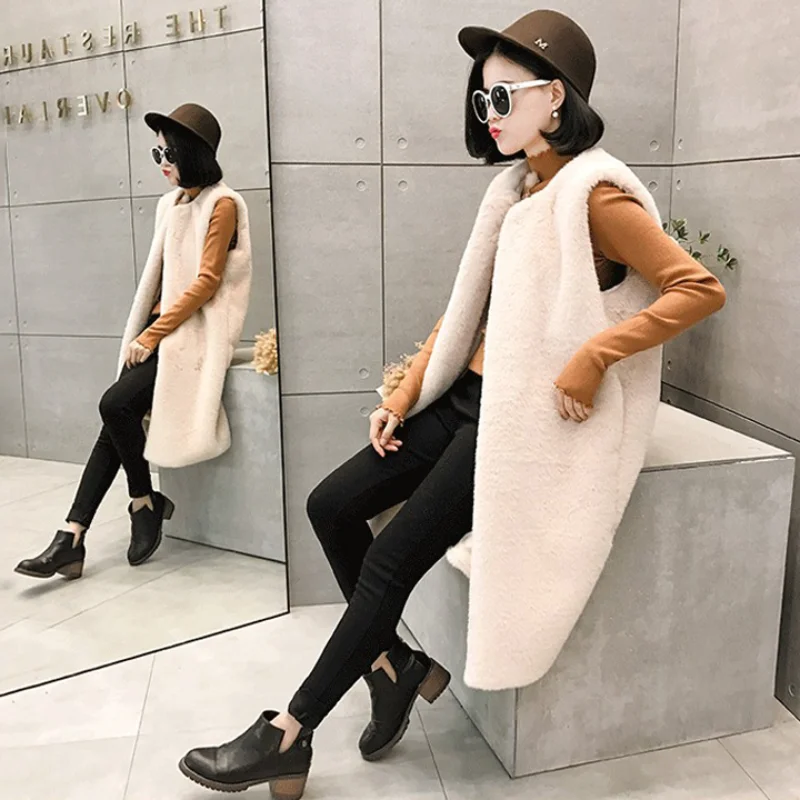 Mulheres colete de pele 2021 inverno outono moda quente jaqueta longa elegante senhora casaco de pele do falso sem mangas outwear meu newin