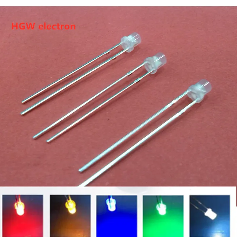 100pcs 3mm 2pins Misty Flat Top LED Diffused White Red Yellow Blue Green Wide Angle light emitting diode lamp