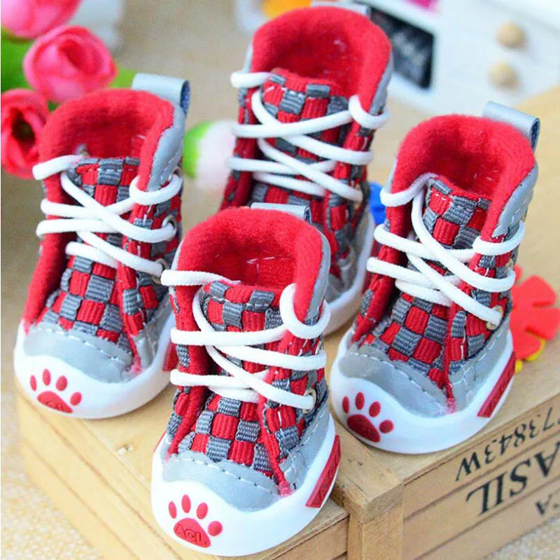 4 pcs/set Sports Dog Shoes Boots Denim Canvas Cloth Red Orange Blue Sneakers Fashion Grid Dog Booties Autumn Winter Pet Supplies