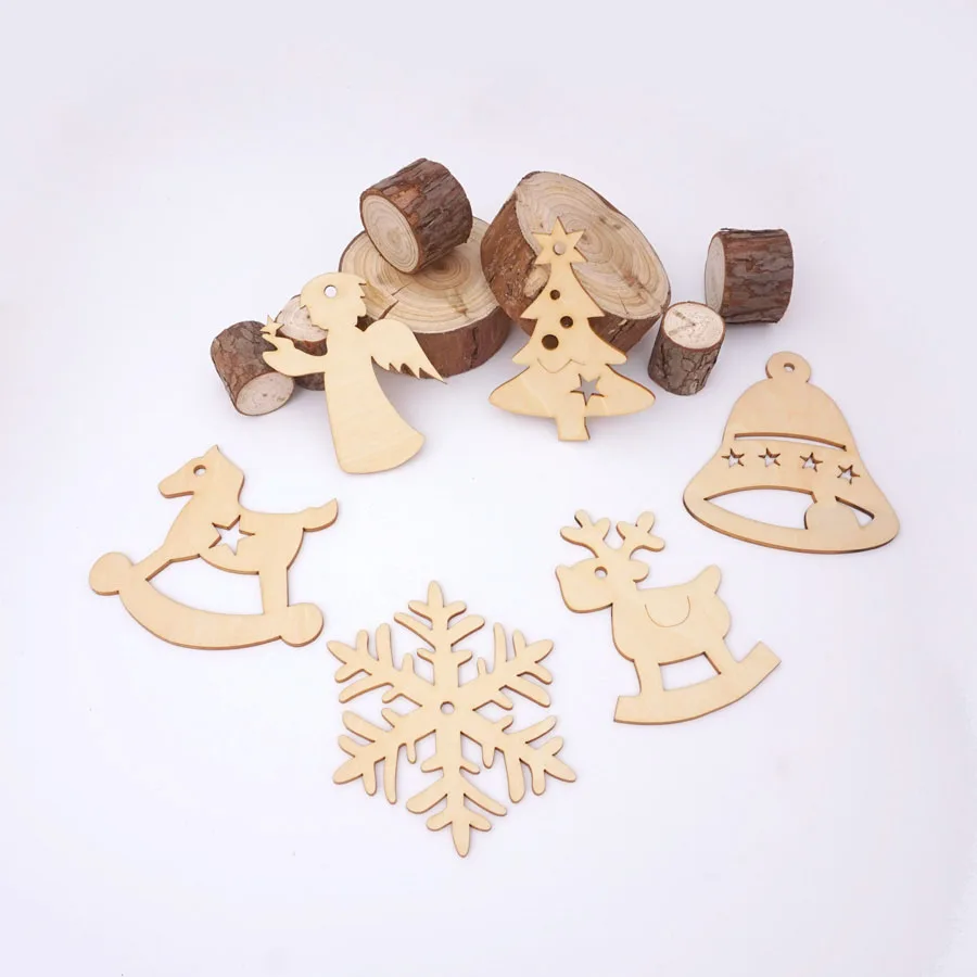 6pcs/Set Lovely Different Shape Wooden Christmas Ornament Hanging  Pendants New Year House Decoration Children Gift With Hole