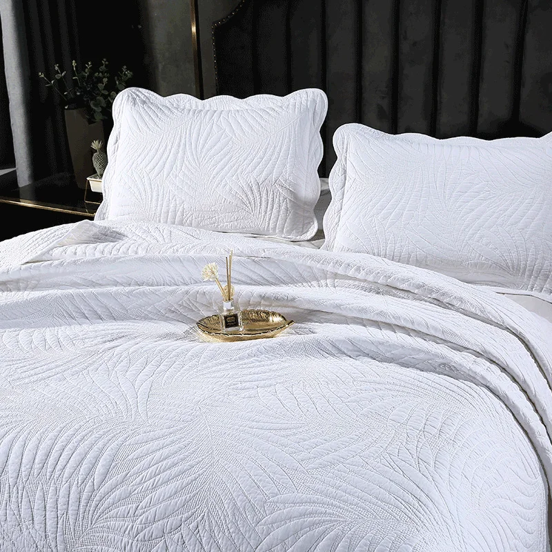 White Cotton Bedspread Quilt Set 3PCS Embroidered Bed Cover with 2 Pillowcase King Size Coverlet Blanket for Bed Home Decor