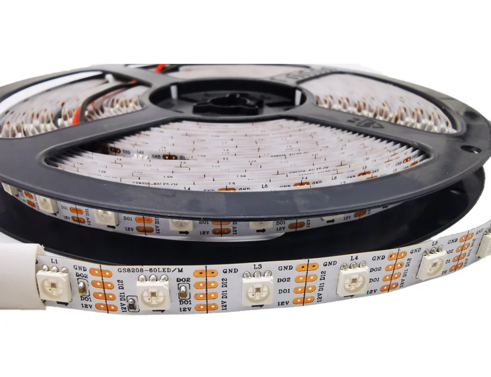 GS8208 RGBIndividual addressable pixel led strip light;DC12V input 30/60/144 pixels/leds/m,IP30/IP65/IP67 Black/White PCB