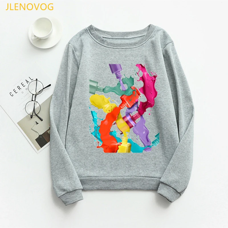 rainbow Lipstick Nail Polish print gray hoodies women clothes 2021 fashion sudadera mujer harajuku casual sweatshirt femme