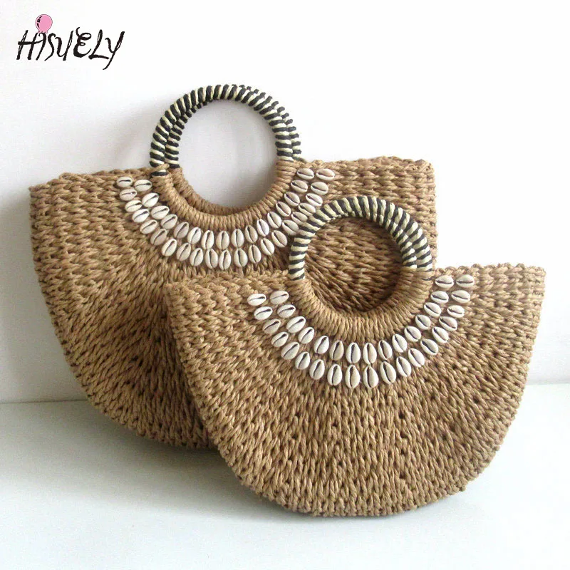 2024 New Women round bucket semicircle straw bag handmade  shell woven basket rattan handbag vacation beach bag