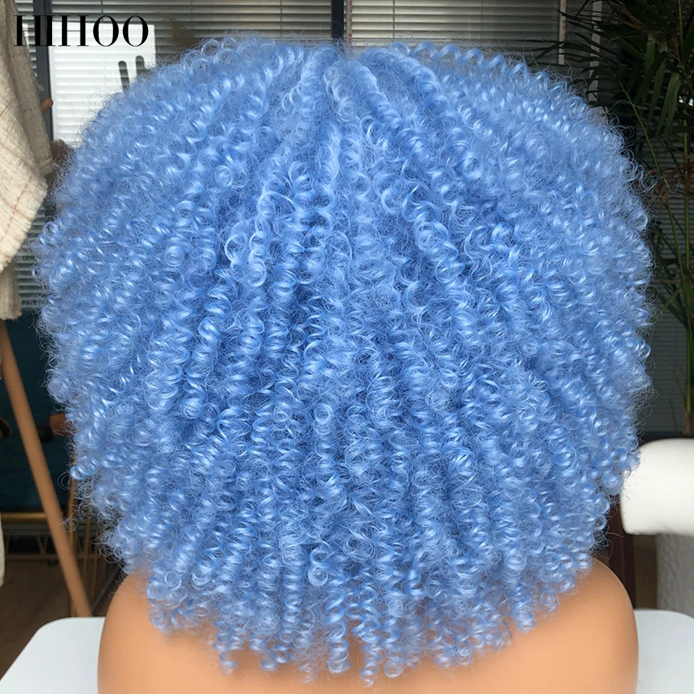 Short Hair Afro Kinky Curly Wigs With Bangs For Black Women Cosplay Lolita Synthetic Natural Blonde Wig Red Blue Orange Wig