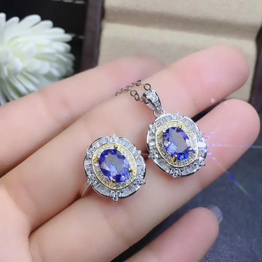 Free Shipping Natural Tanzanite jewelry set Natural Real Tanzanite 925 sterling silver 1pc pendant,1pc ring