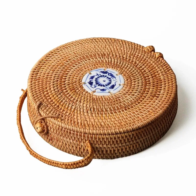 

Handmade Rattan Woven Pu-erh Tea Cake Storage Box Canister with rope tea tin containers vintage round tea tin box cans best gift