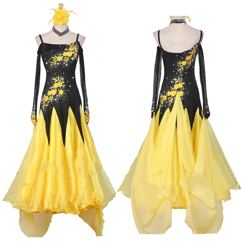 

High End Ballroom Dance Competition Dress Women New Performance Dress Black Crystal Yellow Big Skirt Long Sleeve Tango Dress