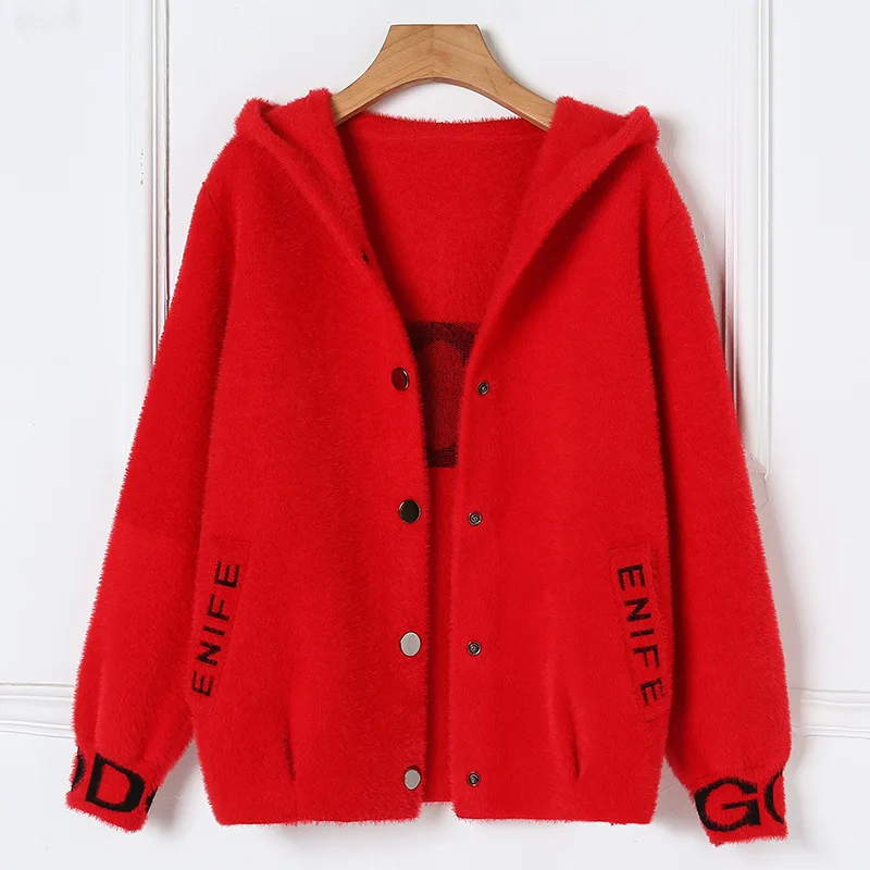 Zuolunouba Winter Clothes Fashion Women Mink Cashmere Coat Hooded Letters God Harajuku Wild Loose Knitting Coat Female