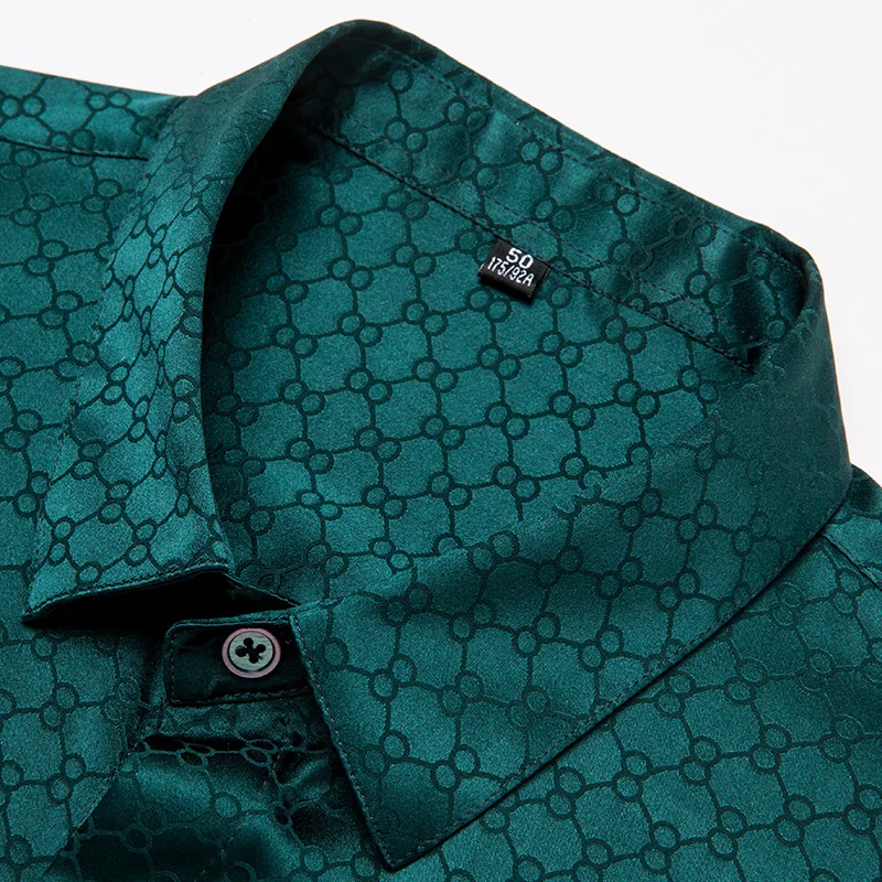 High Quality Blackish Green Real Silk Jacquard Shirts For Mens Luxury Clothing Smooth Satin Summer Dress For Stout Cozy Oversize