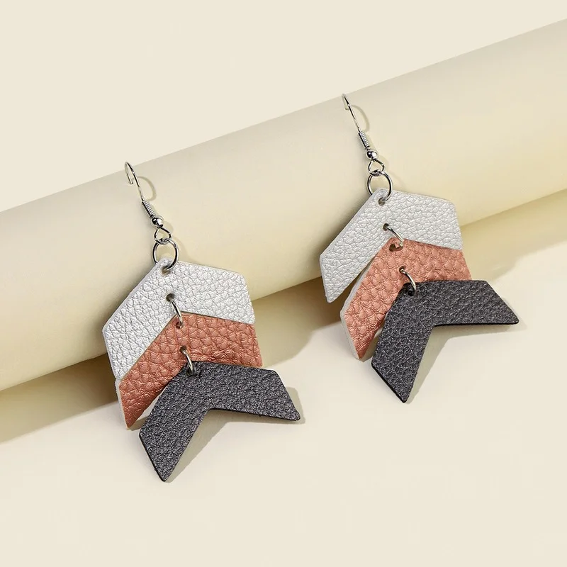 New Personality Stitching Arrow-shaped Leather Earrings Lychee Pattern Multicolor Double-sided Pu Jewelry for Women Wholesale