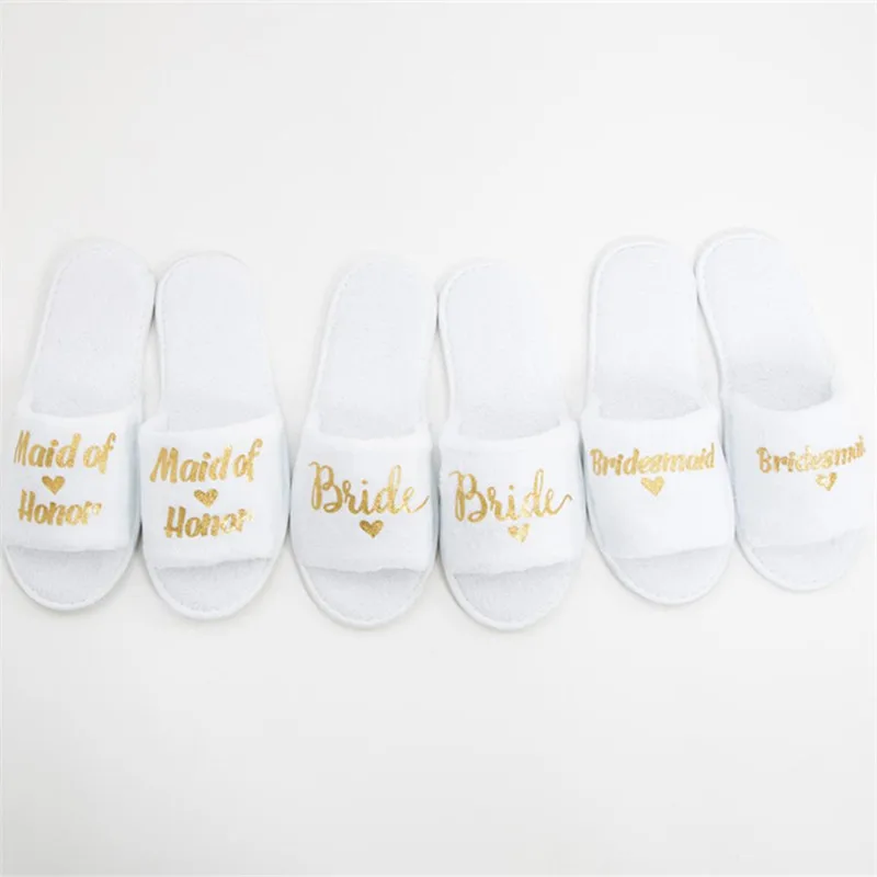 5 Pairs Personalize Glitter Names Bridesmaid Slippers Wedding gifts Custom Bride White Open toe slippers, Maid of Honor Gifts