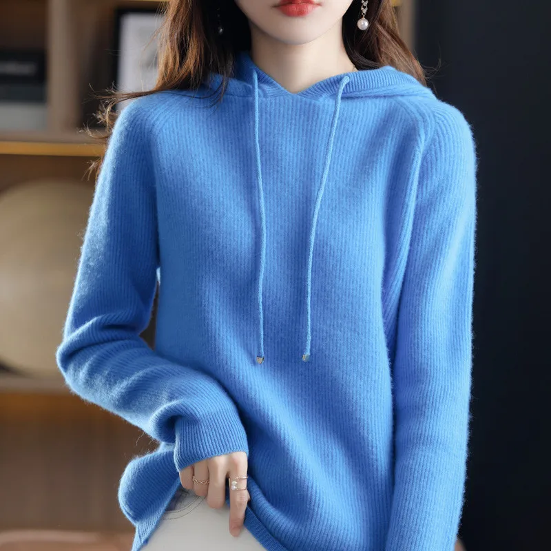 New cashmere sweater women\'s 100% pure wool hooded collar pullover sweater ladies fashion plu size warm knitted bottoming shirt