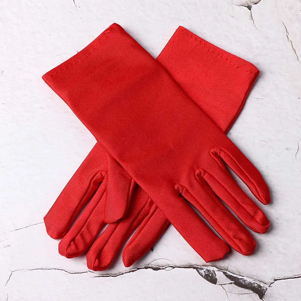 1 Pair Fashion Women Wrist Length Gloves Sexy Black White Red Short Satin Stretch Gloves for Ladies Girls Hand Gloves