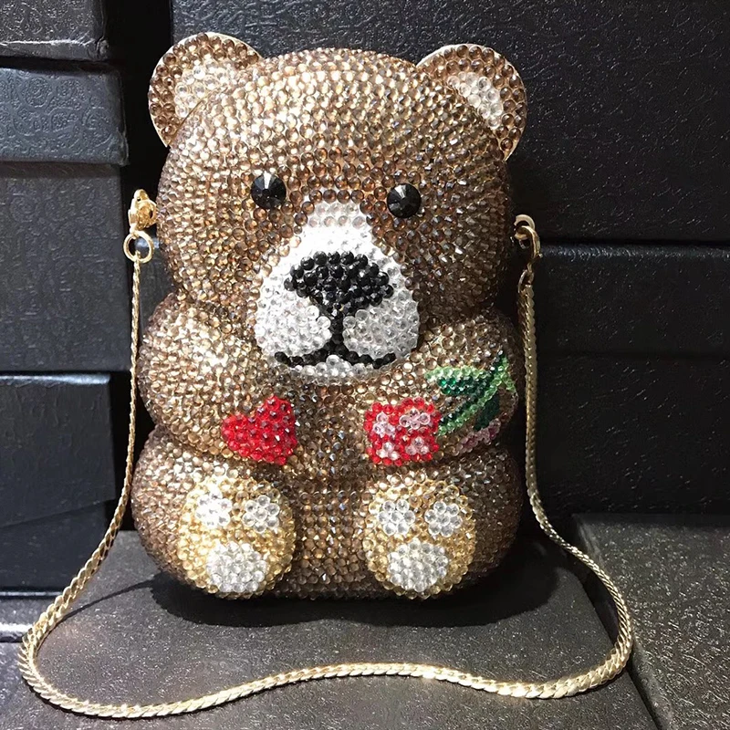 

High Quality Brown/White Animal Bear Shape Lady Clutch Bag New Fashion Women’s Diamond Mini Shoulder Chain Handbags Female Purse